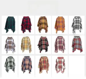 Detailed grid view showcasing various color patterns of the hooded plaid tassel poncho
