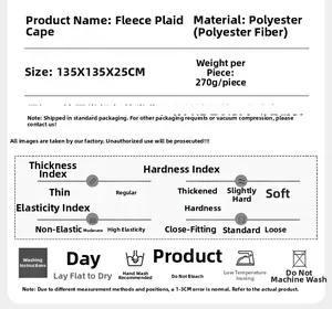 Detailed size and material specifications for this fringed plaid hooded poncho wrap