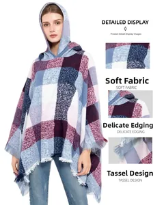 Detailed views of hooded plaid poncho featuring soft fabric, fine stitching and tassel hem