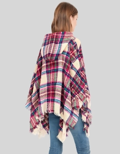 Rear view of a plaid hooded poncho with colorful check patterns and tassel details