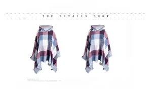 Detail of plaid hooded poncho featuring colorful stripes and fringed hemline accents