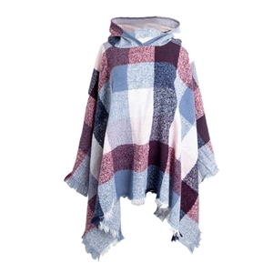 Detailed close-up of hooded plaid shawl showing knit texture and fringed hemline