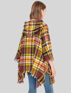 Rear view of long hooded poncho with orange plaid pattern and fringed edges details
