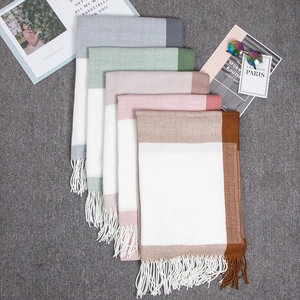 Women Winter Scarf Color Block Plaid Faux Cashmere Tassel Shawl Wrap Soft Warm Thick Elegant Casual Pashmina