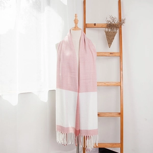 Pink and white color block faux cashmere scarf for women with elegant long tassels