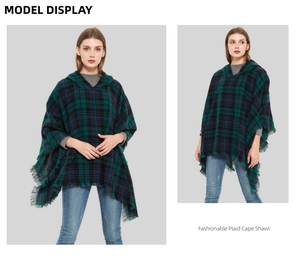 Detail of green plaid hooded poncho with tassels and soft knit texture for winter