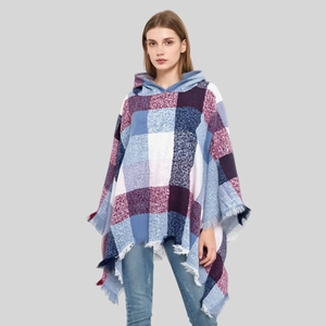 Women's plaid hooded poncho cape with tassels in navy blue and burgundy wine red