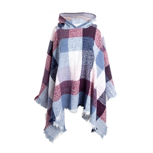 Women's plaid hooded poncho cape with fringe hem in red and blue knit pattern