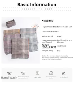Infographic showing size 200x75cm and acrylic material of hounds-tooth plaid scarf
