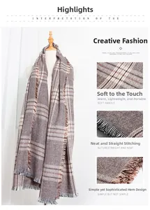 Detailed shots of a plaid winter scarf featuring soft texture and fringe edges