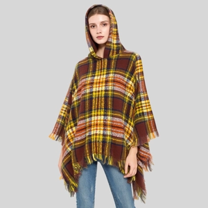 Women's hooded plaid poncho with brown orange check patterns and fringe trim details
