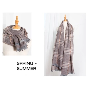 Detail of grey houndstooth scarf with soft fringe edges and classic plaid texture