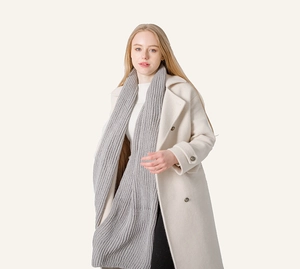 Close-up of gray chunky knit scarf showing detailed ribbed texture and soft acrylic material