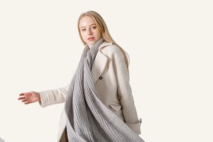 Detail view of long grey acrylic knit scarf with vertical ribbed texture on beige wool coat