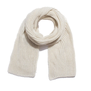 Detail of soft cream white knitted scarf featuring chunky vertical ribbed texture