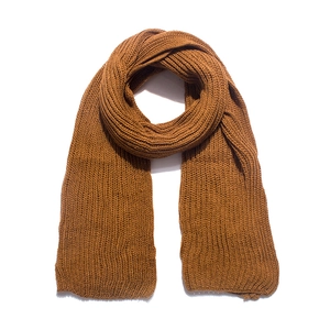 Detailed view of the vertical stripe knit texture on a thick brown acrylic scarf