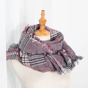 Thick houndstooth plaid scarf in burgundy, black and white with fringe for autumn