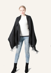 Classic black cashmere feel shawl with long tassels for winter outfit styling