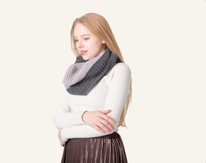 Close-up of chunky knit neck warmer scarf in two-tone grey contrast stitching