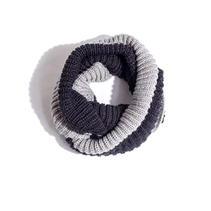 Detailed view of heavy-knit two-tone snood scarf in navy blue and grey ribbed texture
