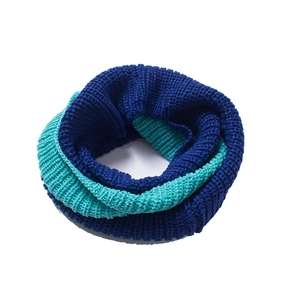 Detailed close-up of chunky ribbed knit infinity scarf in blue and teal color block