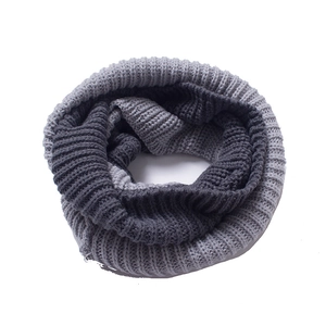 Detailed view of the thick gray patchwork knitted neck warmer with chunky ribbed texture