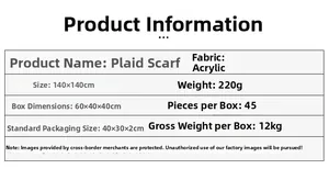 Detailed size chart for black and white checkered scarf featuring 140x140cm dimensions