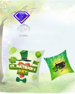 Detail of St. Patrick's Day pillow covers with clover hat and gold coins on green peach skin