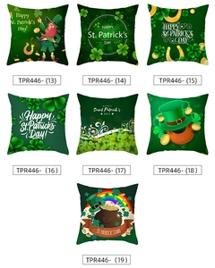 Detailed grid showing St. Patrick's Day pillow covers with shamrocks and leprechauns