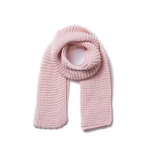 Close-up of the thick chunky knit texture and soft pink fabric of this winter scarf