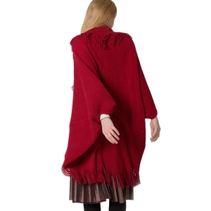 Poncho tricoté rouge pour femme avec franges, cardigan élégant à manches chauve-souris