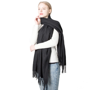 Classic black cashmere feel winter scarf for men and women with long fringe tassels