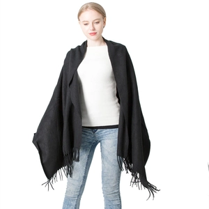 Classic black cashmere feel winter scarf with elegant long fringe detail for men and women