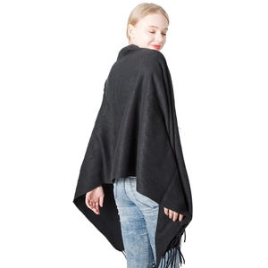 Solid black faux cashmere shawl with tassels for autumn and winter outdoor wear