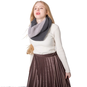 Winter chunky knit infinity scarf featuring a two-tone grey color block pattern