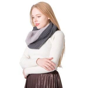 Winter chunky knit infinity scarf in grey color block style with rib texture