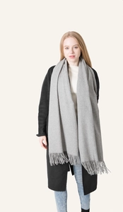 Detail of light gray wool scarf with fine fringe trim worn by a model in a black coat