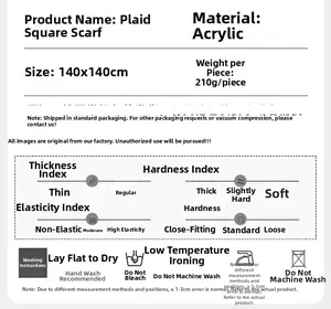 Detailed chart showing 140x140cm acrylic plaid scarf material and washing instructions