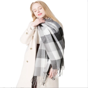 Classic British style black and white plaid scarf with long fringe for men and women