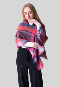 Detail of colorful plaid scarf showing fine tassel edges and soft cashmere-like texture