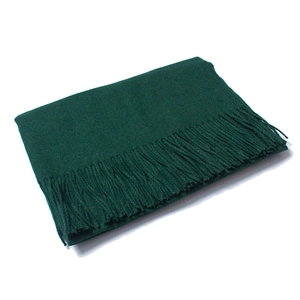 Detail shot of the dark green wool scarf showing fine fringe edges and soft texture