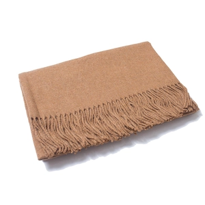 Detail shot of camel wool scarf showing fringe tassels and soft twill weave texture