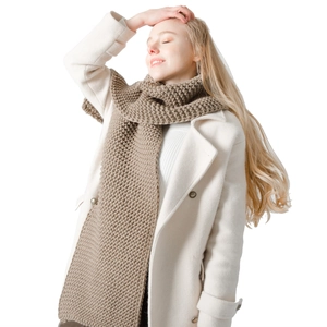 Thick solid color knit scarf in tan brown, heavy needle style for winter warmth