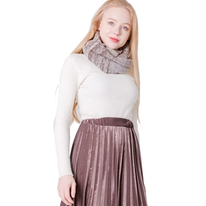 Women's warm autumn winter striped knit scarf and brown velvet pleated skirt outfit set