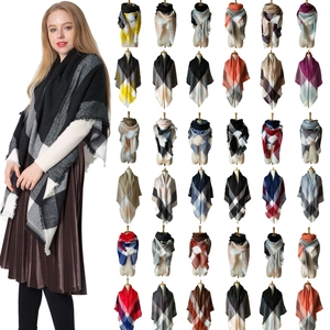 Women's black and white checkered cashmere scarf shawl with soft decorative fringe