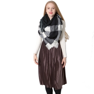 Classic black and white plaid cashmere-like shawl scarf with fringe details for women