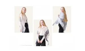 Three-way split view of a plaid cashmere-feel tassel shawl in grey and beige