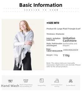 Detailed size chart for plaid cashmere triangle scarf with tassel fringe edges