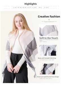 Detail of plaid scarf featuring soft cashmere-like fabric and fine fringe edge stitching
