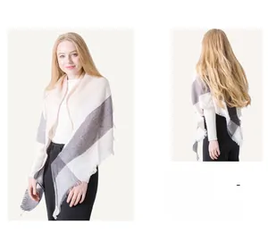 Dual view of a plaid tassel shawl in beige, pink, and grey color-block design